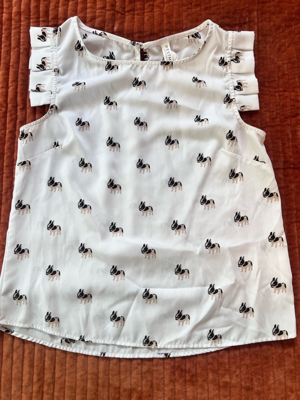 Boutique White Sleeveless Blouse with French Bull Dog Print